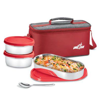 MILTON Steel Champ Lunch Box (2 Round Inner Steel Containers 340ml Each, 1 Oval Container 450ml; Steel Cutleries)
