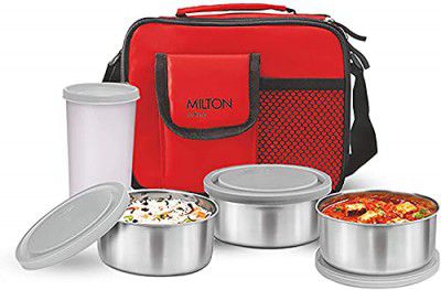 MILTON New Steel Combi Lunch Box with Insulated Fabric Jacket, 3 Stainless Steel Containers 280 ml Each & 1 Plastic Tumbler with lid 400 ml