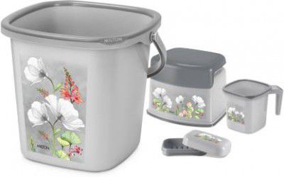 MILTON Swish Junior 4 Piece Bathroom Set, 18L Bucket with Stool, Mug & Soap Case, Grey