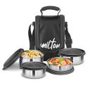 MILTON Tasty 4 Lunch Box with Insulated Fabric Bag, 4 Stainless Steel Containers (200 ml, 2 x 320ml Each, 500 ml), Leak-Proof Tiffin for Office, College, Picnic, Black...