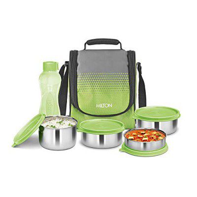 Milton Tasty 4 Stainless Steel Combo Lunch Box With 4 Containers, (1 - 200 ml, 2 - 320 ml Each, 1 - 500 ml) and 1 Bottle, 500 ml, Green | Light