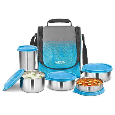 MILTON Tasty 4 Stainless Steel Lunch Box with 4 Containers and 1 Tumbler, 530 ml, Cyan