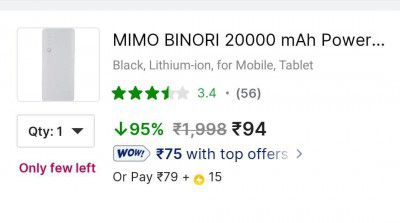 MIMO BINORI 20000 mAh Power Bank  (Black, Lithium-ion, for Mobile, Tablet)