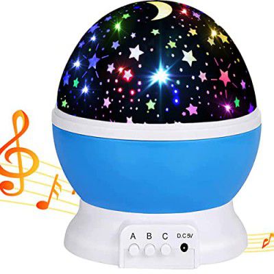 MINGKIDS Lullaby Rechargeable Stars Moon Projector Warm Colour Changing Rotation Night Light Lamp with 12 Songs, (Music Blue)