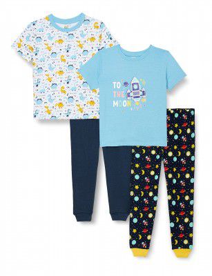 MINITATU Blue.White Half Sleeves Unisex Baby T-Shirt & Pajamas Set Pack of 2