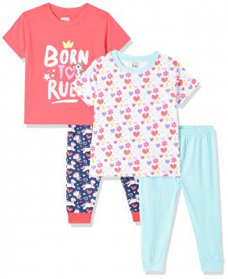 MINITATU Girl's Cotton Solid T-Shirt and Pyjama Set