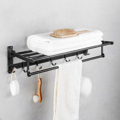 MIORAH 24 Inch Foldable Aluminum Towel Rack for Bathroom – Wall Mounted Double - Tier Towel Holder with Rod & Hooks 