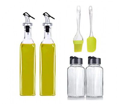 MISAMO ENTERPRISE Oil Dispenser 500 ml Bottle Set of 2, Spice jar Set of 2, Spatula and Oil Brush, Transparent, Pack of 6, Glass
