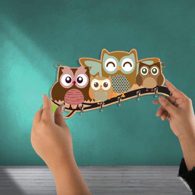 Mishty Dinine Craft Wood Owl Home/Office/Kitchen Key Holder with 7 Hooks