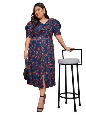 Miss Chase A+ Women's V-Neck Puff Sleeve Floral Wrap Midi Dress