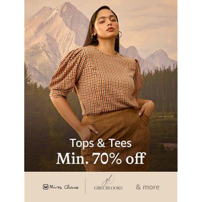 Amazon provides you  Miss Chase, Greciilooks & more branded and exclusive tops and tees at a minimum of 70% off