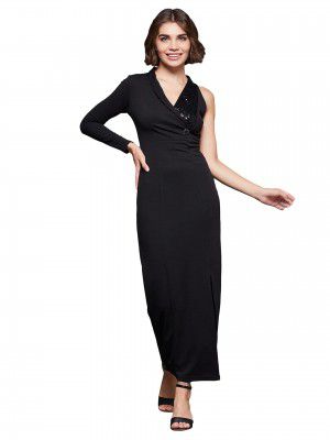 Miss Chase Polyester Fit and Flare Women's Solid Asymmetric Sequined Maxi Dress (MCAW22D98-15-62-05, Black, L)