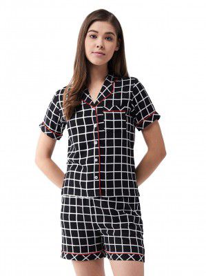 Miss Chase Womens Black Collared Short Sleeves Printed Regular Top & Shorts Set with 2 Side Pockets
