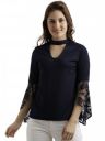 Miss Chase Women's Black Round Neck 3/4 Sleeves Solid Lace Semi Sheer Split Sleeve Choker Style Top...