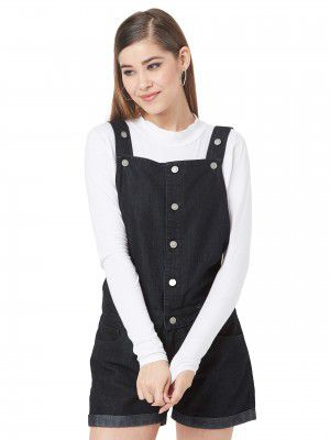 Miss Chase Women's Black Solid Buttoned Short Denim Dungaree