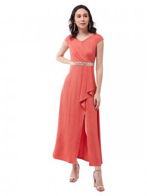 Miss Chase Women's Coral V-Neck Raglan Sleeve Solid Embellished Maxi Jumpsuit