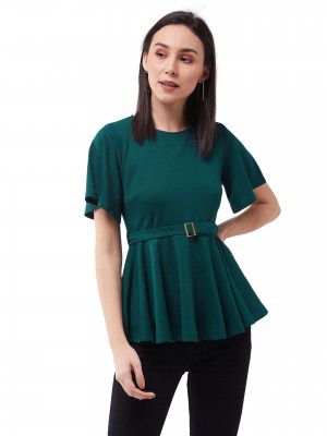 Miss Chase Women's Green Solid Polyester Slim Fit Round Neck Short Sleeve Regular Length Top