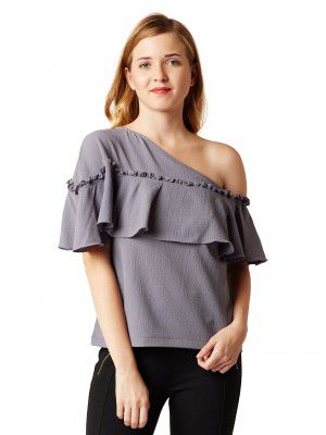 Miss Chase Women's Grey One-Shoulder Ruffled Top