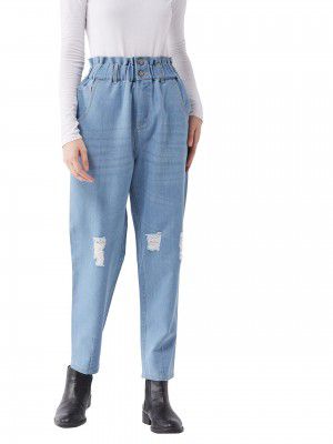 Miss Chase Women's Light Blue Mom's Jean High Rise Mild Distress Regular Stretchable Denim Jeans