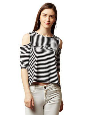 Miss Chase Womens Maroon and White Striped Cold Shoulder Top