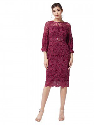 Miss Chase Women's Maroon Round Neck Puff Sleeve Floral Lace Overlaid Midi Dress