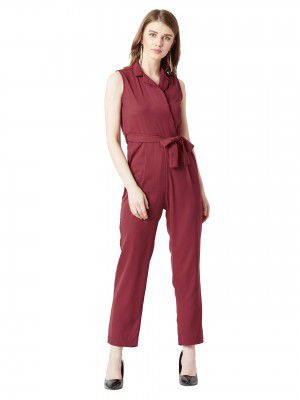 Miss Chase Women's Maroon Wrap Collar Jumpsuit