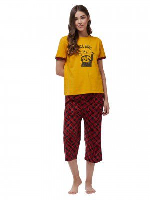 Miss Chase Women's Mustard Yellow Round Neck Short Sleeves Regular Length Printed T-Shirt