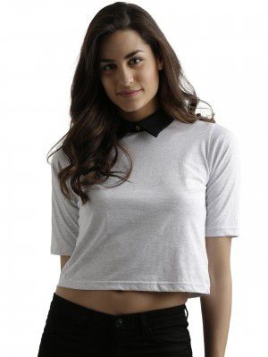 Miss Chase Women's Navy Blue and Grey Collar Neck Half Sleeves Solid Boxy Crop Top