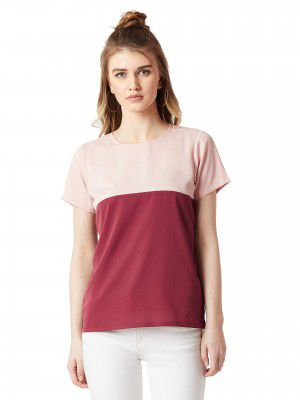 Miss Chase Women's Navy Blue and Yellow Round Neck Boxy Top