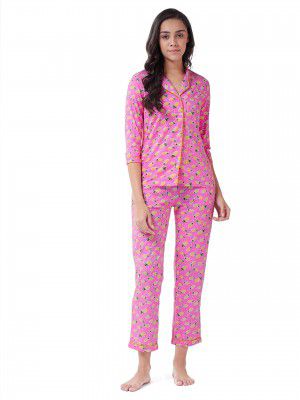 Miss Chase Women's Pink Printed Cotton Relaxed Fit Collared 3/4th Sleeve Regular Length Night Suit Set
