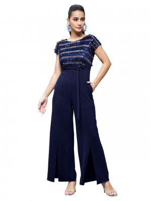 Miss Chase Women's Round Neck Short Sleeve Embellished Front Slit Fringed Regular Jumpsuit with Pockets