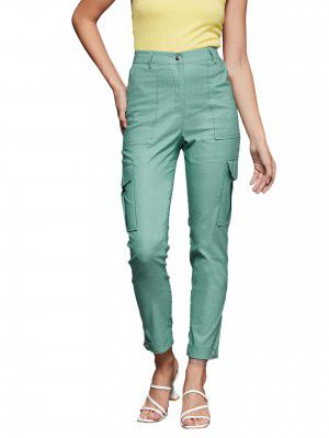 Miss Chase Women's Turquoise Solid Polyester High Waist Regular Length Trouser