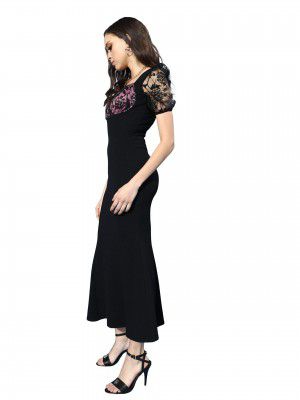 Miss Chase Women's Wine Square Neck Short Puff Sleeve Self Design Lace Overlaid Bodycon Midi Dress