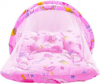 Miss & Chief Baby Mosquito Net With Mattress Baby Mattress Teddy Print (Fabric, Pink)