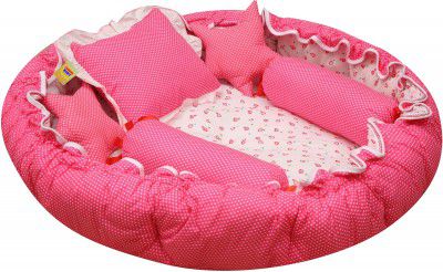 Miss & Chief Cotton Baby Bed Sized Bedding Set (Pink, 1 Baby Nest, 1 Square Pillow, 2 Star Pillow, 2 Lottan)