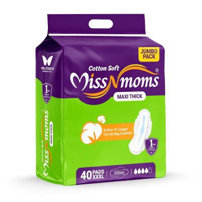 MISS N MOMS 40 Sanitary Pads – XXXL Size, Cotton-Soft, 320mm Long, Heavy Flow & Overnight Use – Combo Pack for Comfort & Leak Protection (40)