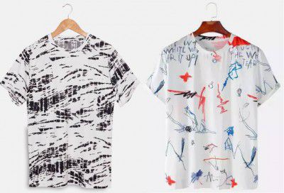 Mistigriz Pack of 2 Men Printed Round Neck Reversible White T-Shirt