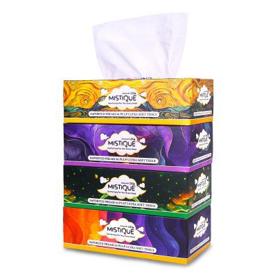 MISTIQUE 2 Ply Facial Tissue Paper | Pack of 4 (100 Pulls Per Box, 200 Sheets)