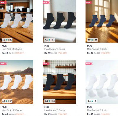 [Pack Of 3] : Upto 79% OFF - Mje Socks For Mens | Starts At Rs.41