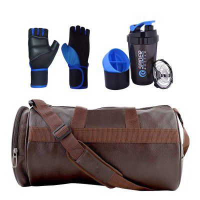MK Leatherite Gym Bag Combo for Men ll Gym Bag, Bottle Gloves ll Gym kit for Men and Women ll Gym Bag Gym & Fitness Kit