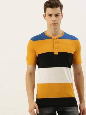 Moda Rapido Striped Men Henley Neck Yellow T-Shirt