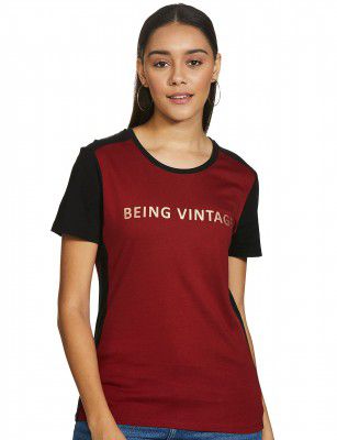 Mode By Red Tape Women's Printed Regular T-Shirt (MAT0608_Maroon_M)