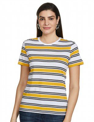 Mode By Red Tape Women's Striped Regular Fit T-Shirt (MAT0509_Yellow_Medium)