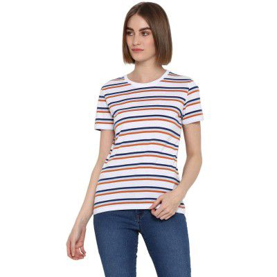 Mode By Red Tape Women's Striped Regular fit T-Shirt (MAT0555_White XS)