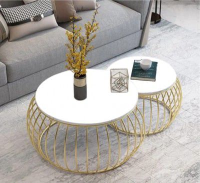 Modern Round Coffee Table Sets - Stacking Nesting Table with Metal Frame & White Finish