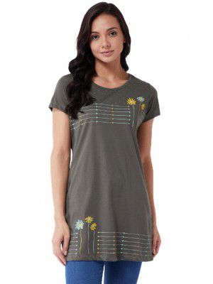 Modeve ® Women Printed Cotton Blend Half Sleeve Round Neck Long T-Shirt