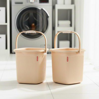 MODWARE 5L Square Bathroom Bucket, Anti-Slip Handle, Pack of 2 (Cream)