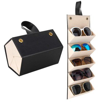 MoKo Sunglasses Organizer with 5 Slots, Travel Glasses Case Storage Portable Sunglasses Storage Case Bag Foldable Eyeglasses Holder Box Eyewear Display Containers for Women Men, Black