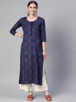 mokshi Women Printed Viscose Rayon Straight Kurta  (Blue)