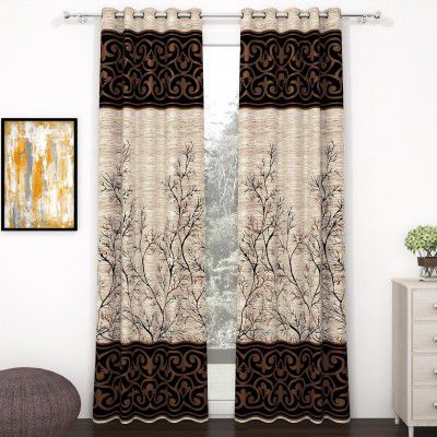 MollisHomes Door Curtains 7 Feet Long Set of 2, Cream & Brown, Floral Print Door Curtain | 118X215cm 